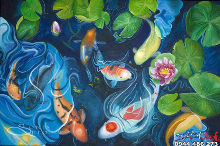 Tranh sơn dầu phong thủy cá chép hoa sen - Mỹ thuật Âu Á